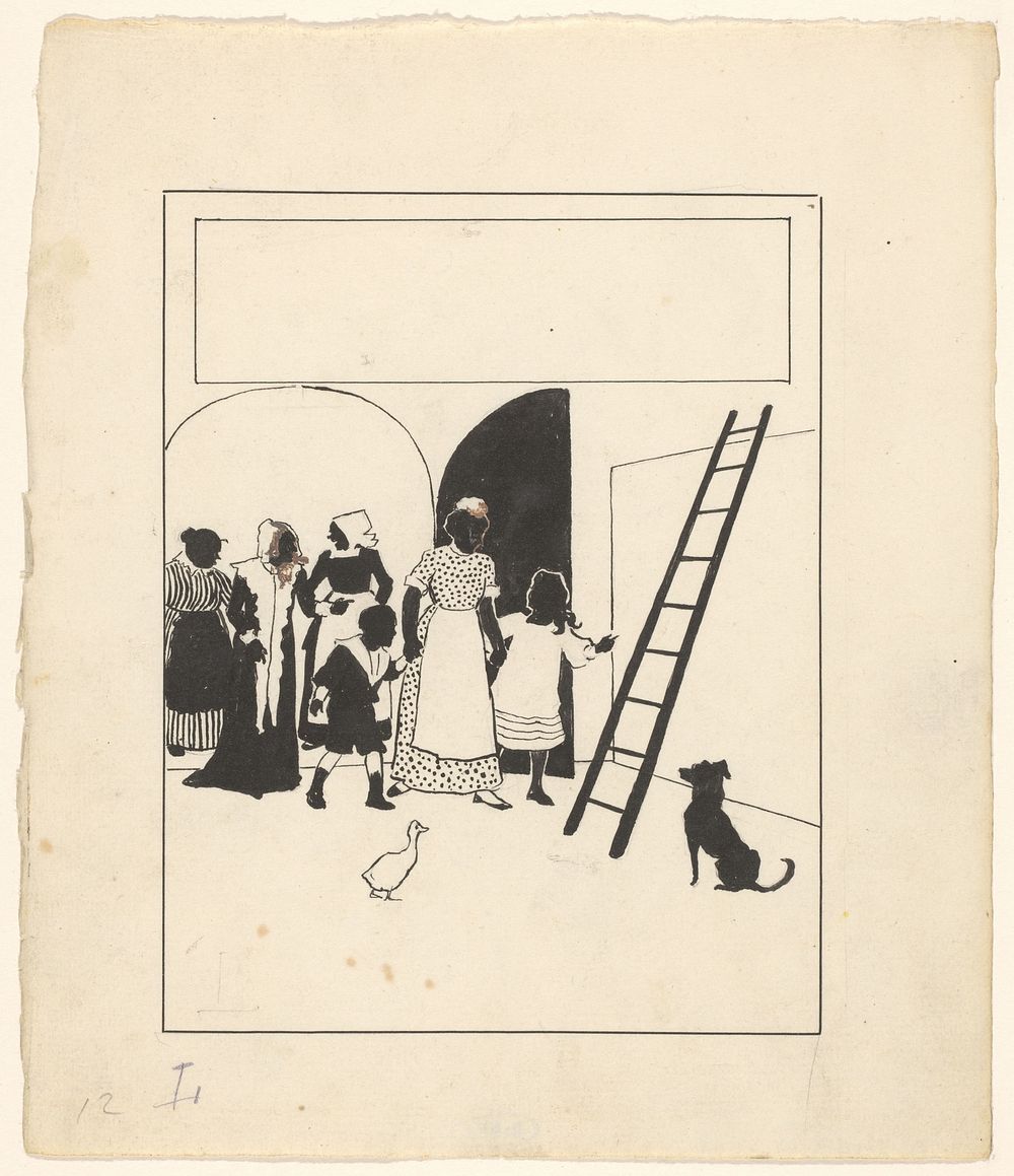 Vrouwen en kinderen bij een ladder (c. 1880 - c. 1910) by anonymous
