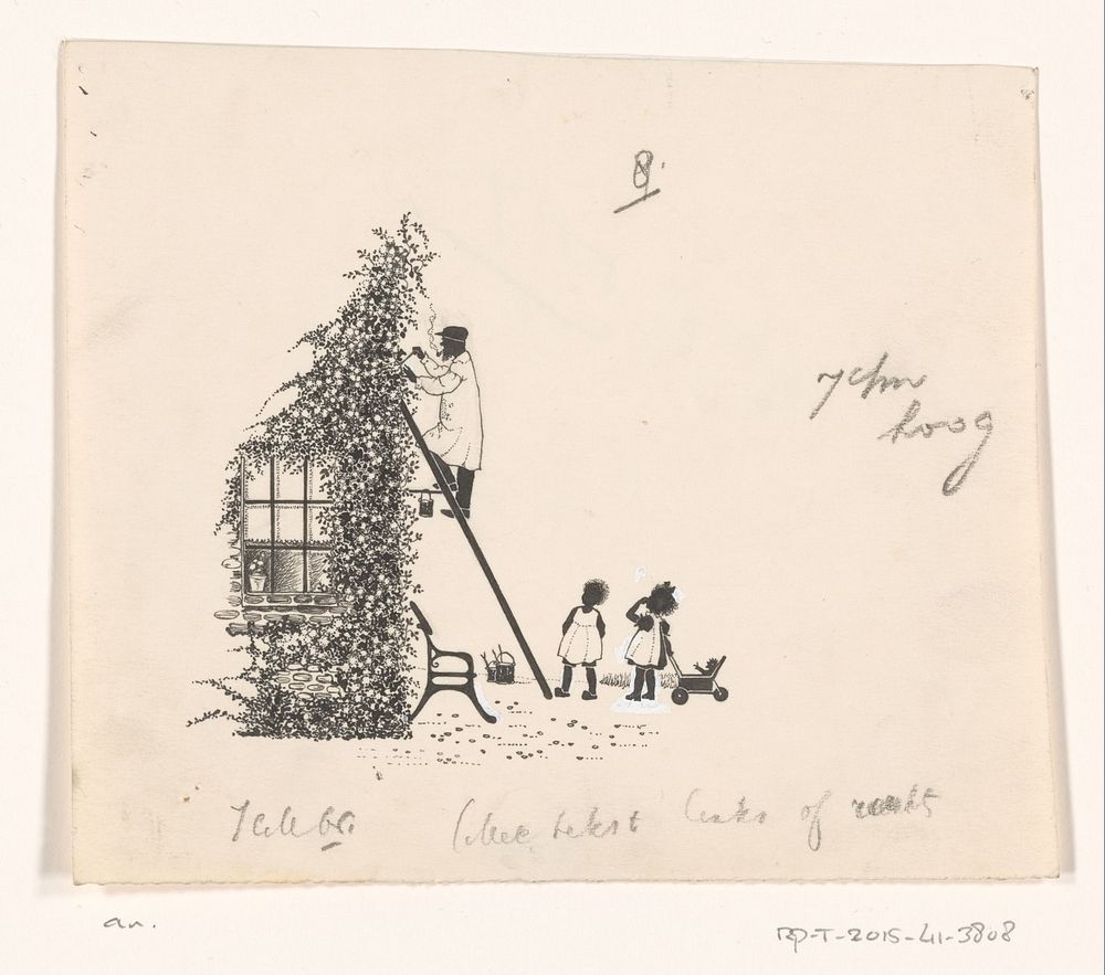 Twee meisjes kijken naar een man op een ladder (c. 1890 - c. 1930) by anonymous