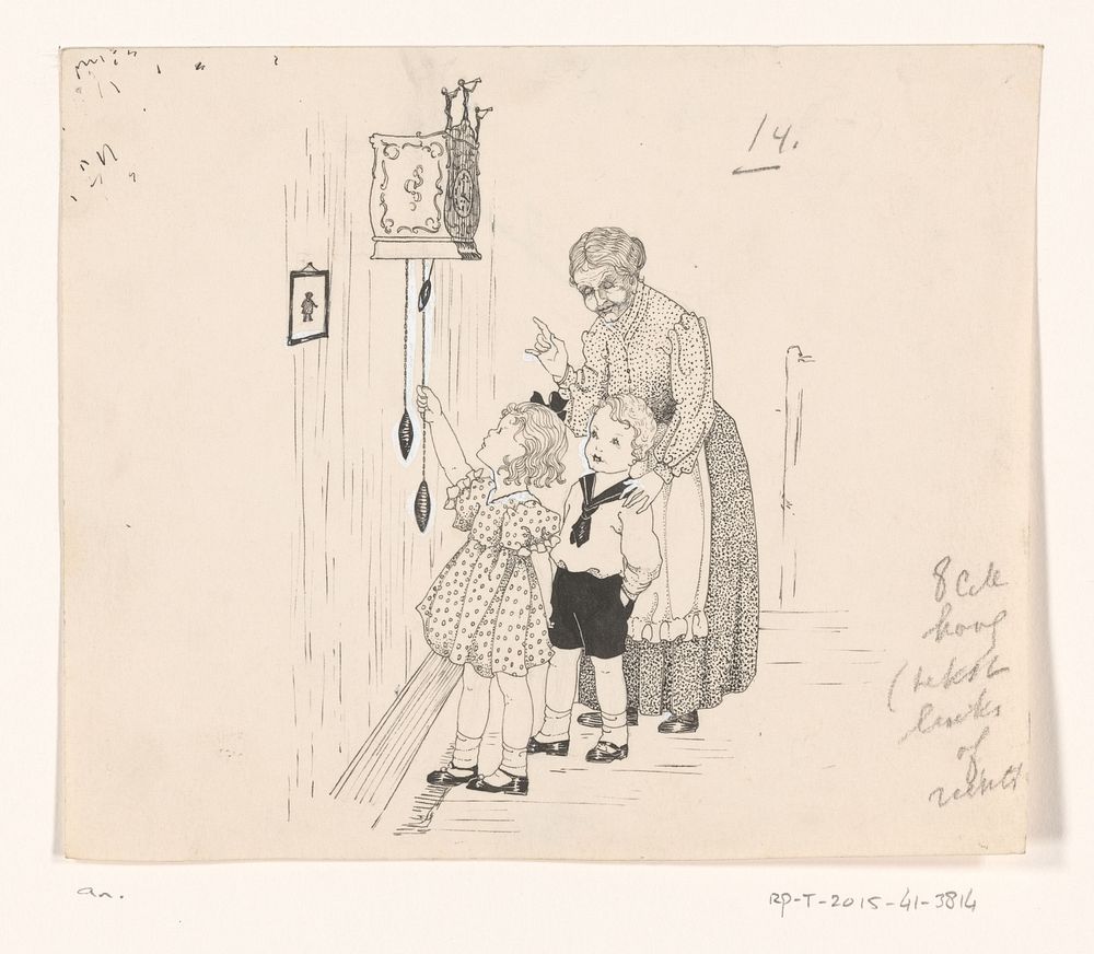 Oude vrouw en twee kinderen bij een klok (c. 1890 - c. 1930) by anonymous