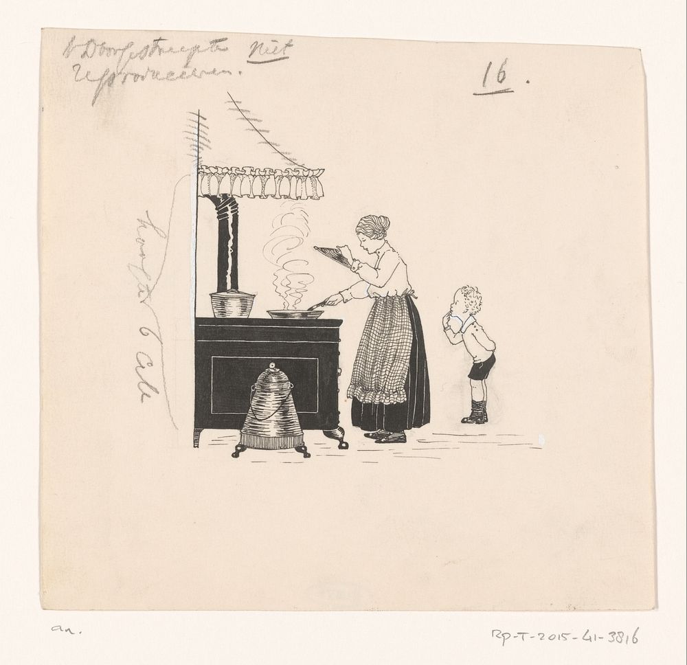 Vrouw kookt bij een fornuis (c. 1890 - c. 1930) by anonymous