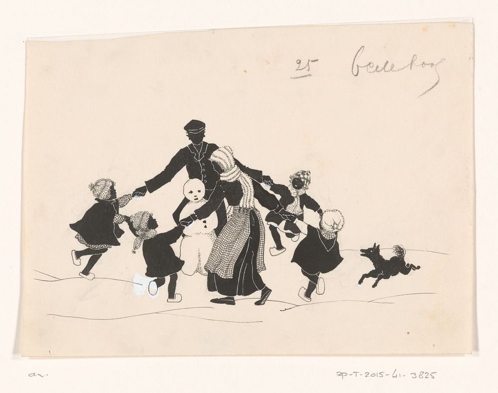 Man, vrouw en kinderen dansen in een kring rond een sneeuwpop (c. 1890 - c. 1930) by anonymous