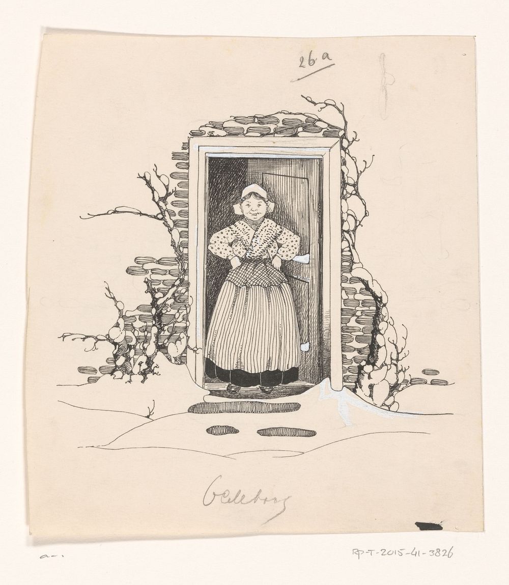 Vrouw in klederdracht in een deuropening (c. 1890 - c. 1930) by anonymous