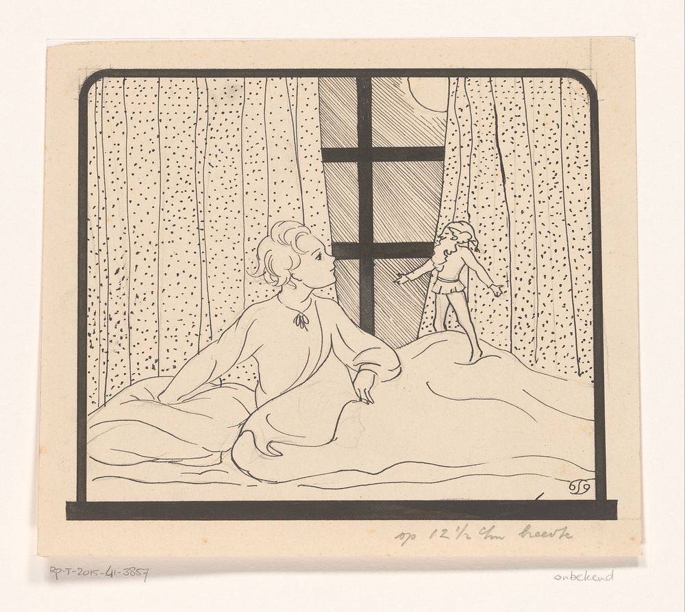 Meisje luistert naar een kabouter die op haar bed staat (c. 1890 - c. 1940)