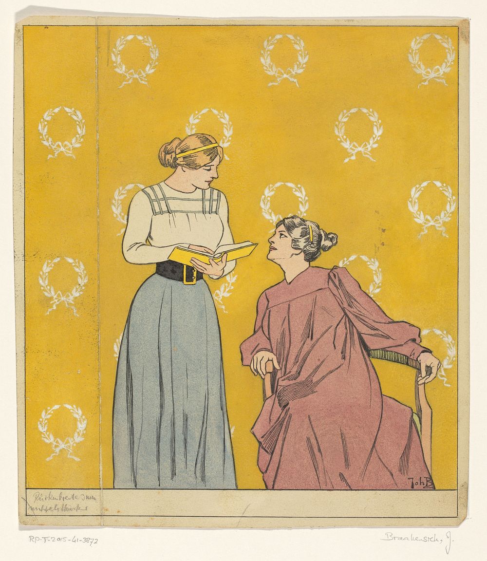 Bandontwerp met twee vrouwen met een boek (1868 - 1940) by Johan Braakensiek