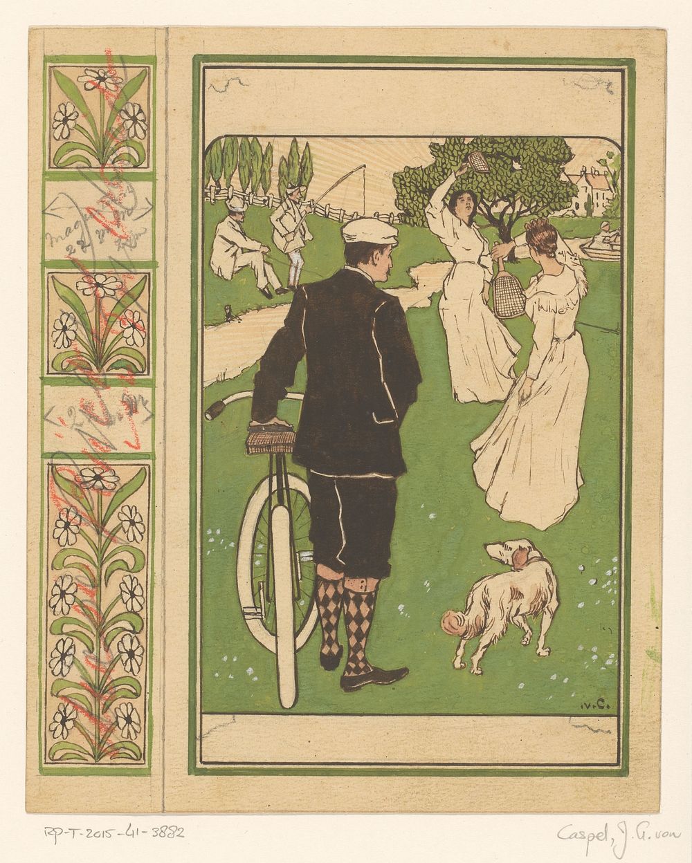 Bandontwerp met man met fiets en badmintonspelers (1880 - 1928) by Johann Georg van Caspel