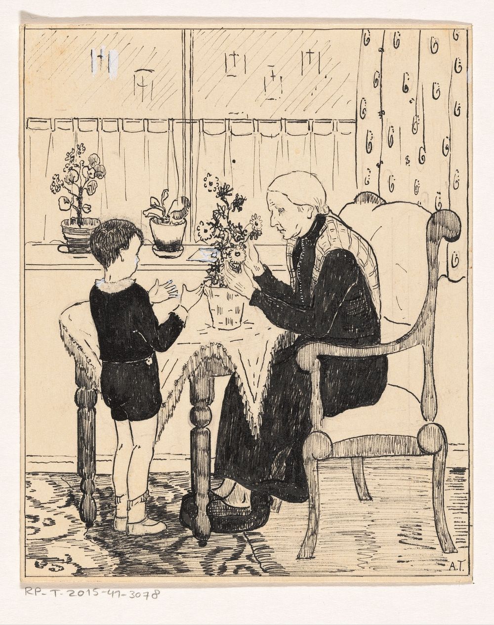 Oude vrouw schikt een boeket (c. 1925 - c. 1935) by A Tinbergen