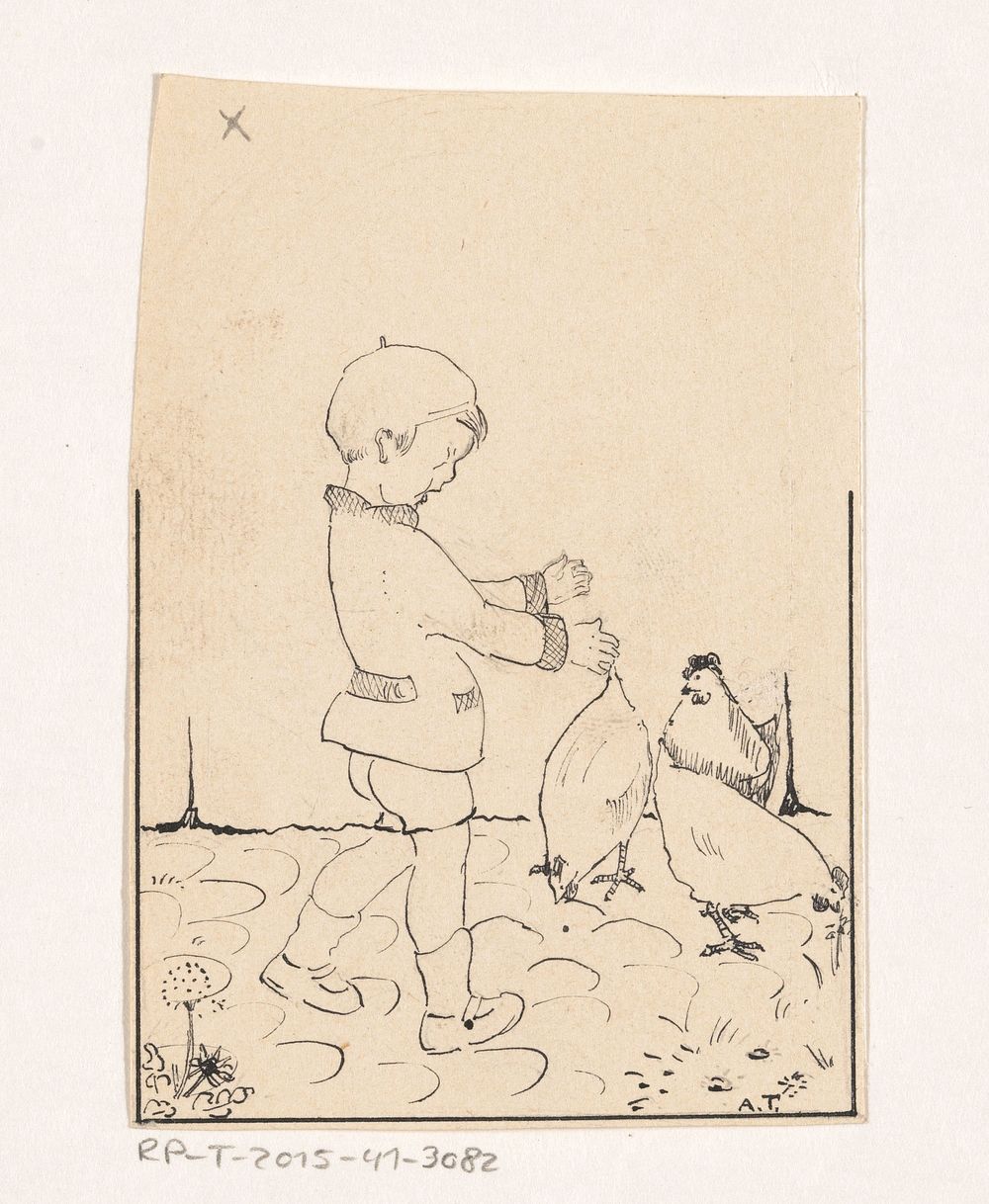 Jongen tussen de kippen (c. 1925 - c. 1935) by A Tinbergen