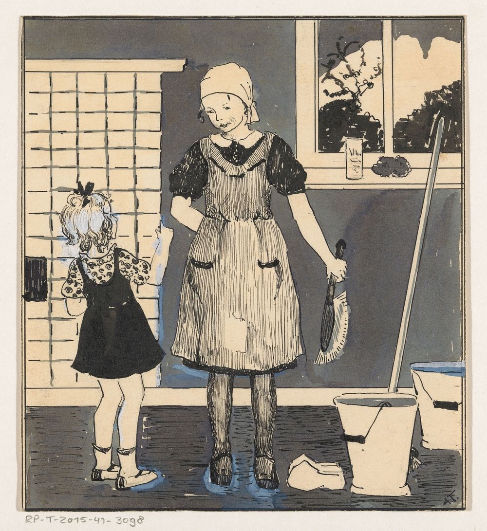 Meisje met schoonmaakgerei (c. 1925 - c. 1935) by A Tinbergen