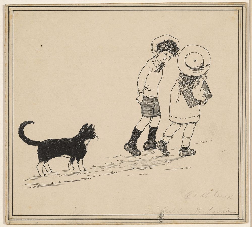 Jongen en meisje gevolgd door een kat (1895 - 1950) by Nelly Spoor