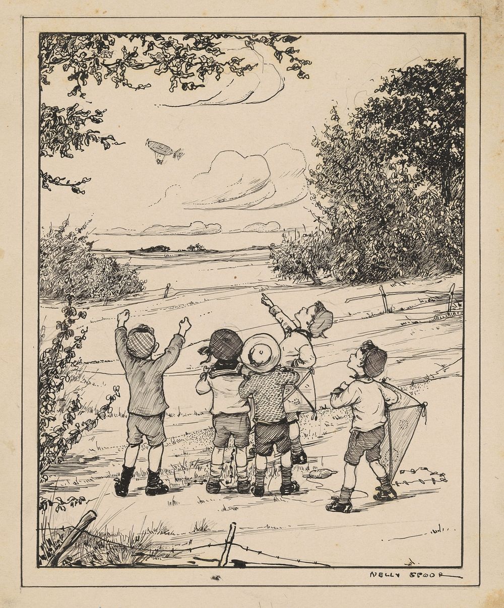 Vijf jongens kijkend naar een zeppelin (1895 - 1950) by Nelly Spoor