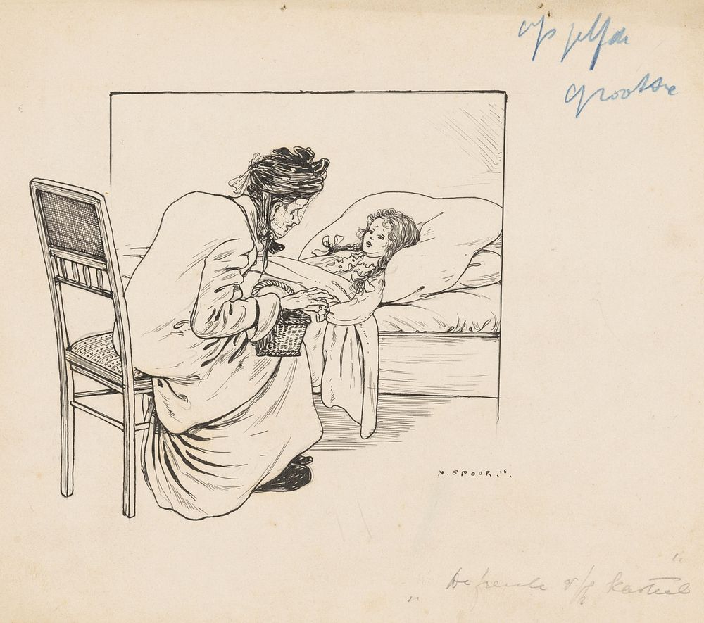 Vrouw bij het ziekbed van een meisje (1916) by Nelly Spoor