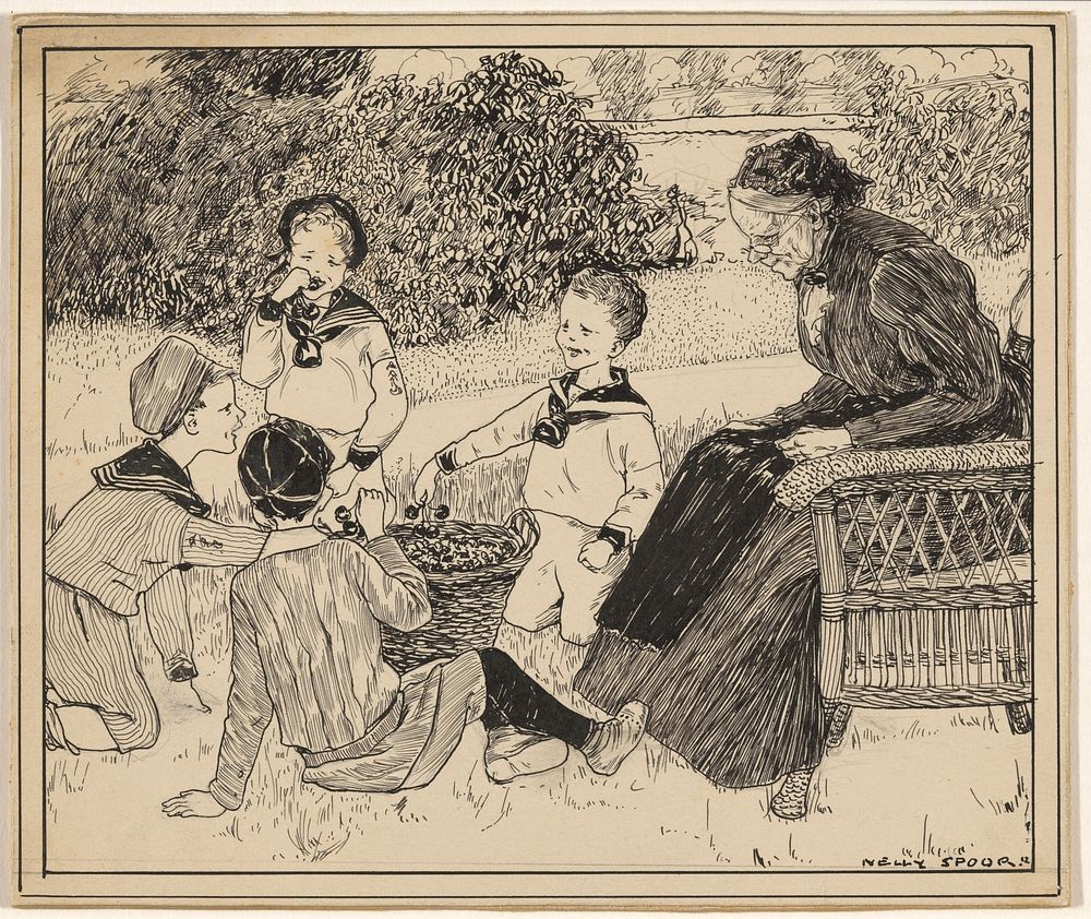 Vier jongens eten kersen op een veld (1912) by Nelly Spoor