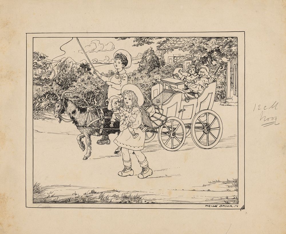 Jongen bestuurt een poppenkoets op een geit (1914) by Nelly Spoor