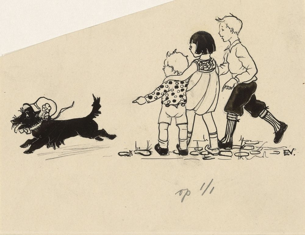 Drie kinderen kijkend naar een rennende hond (c. 1932) by Elly Verstijnen