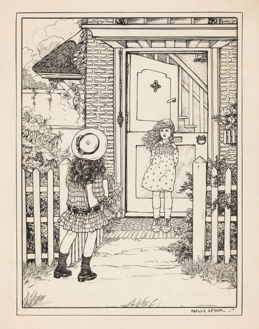 Twee meisjes bij een voordeur (1916) by Nelly Spoor