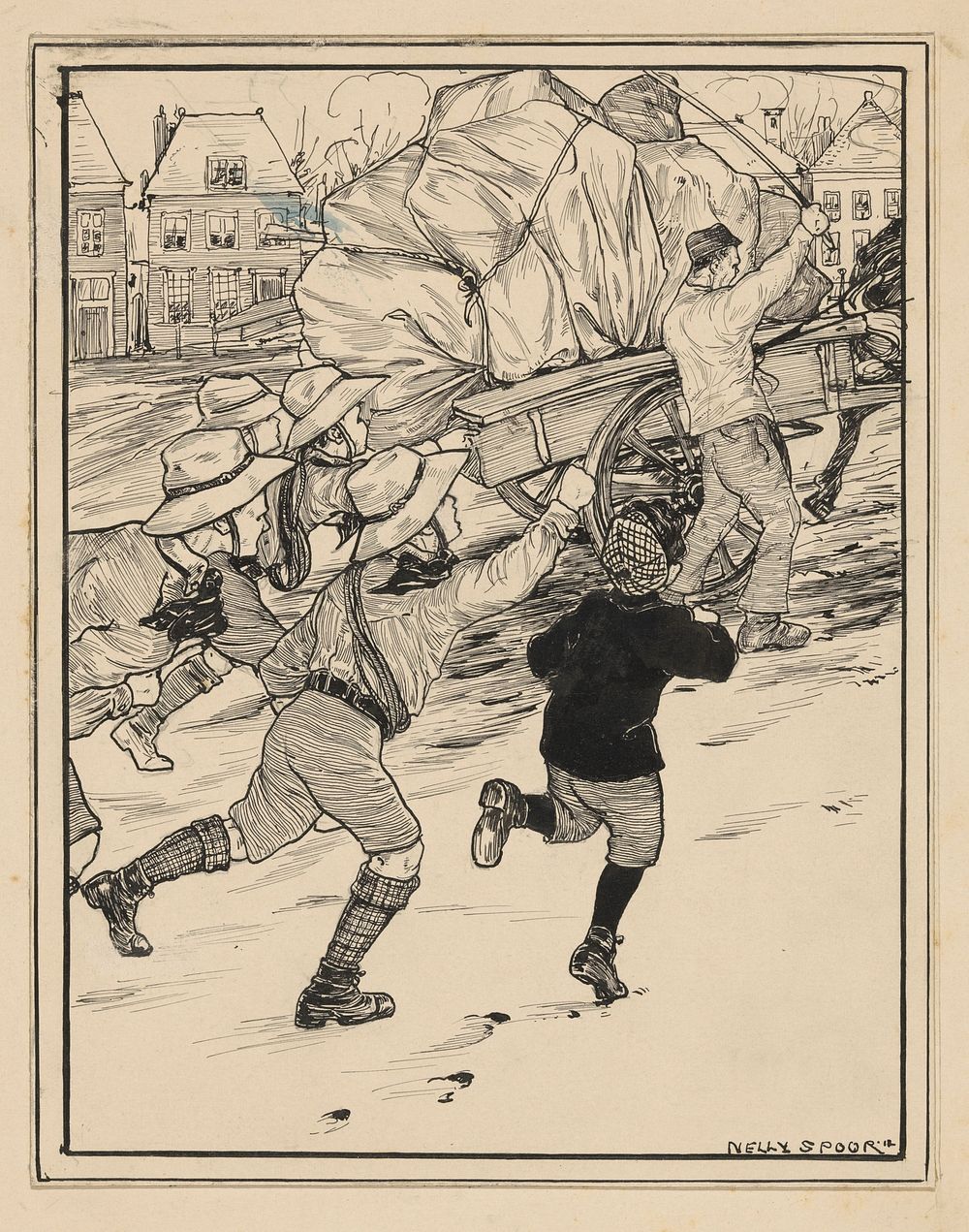 Scouts rennend achter een bepakte paardenkar (1917) by Nelly Spoor