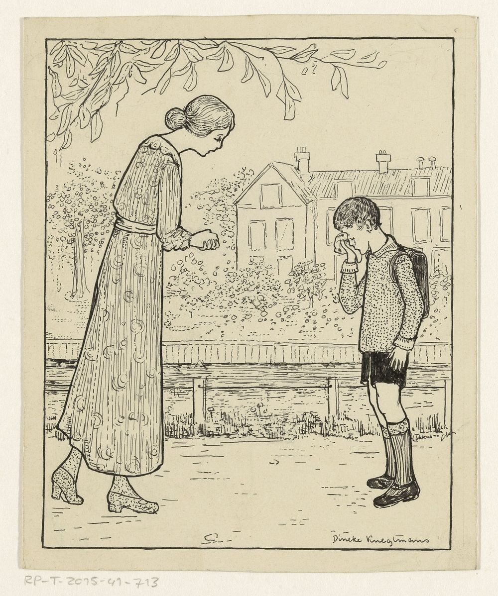 Vrouw buigt zich naar een huilende jongen (c. 1919 - c. 1930) by Dineke Knegtmans