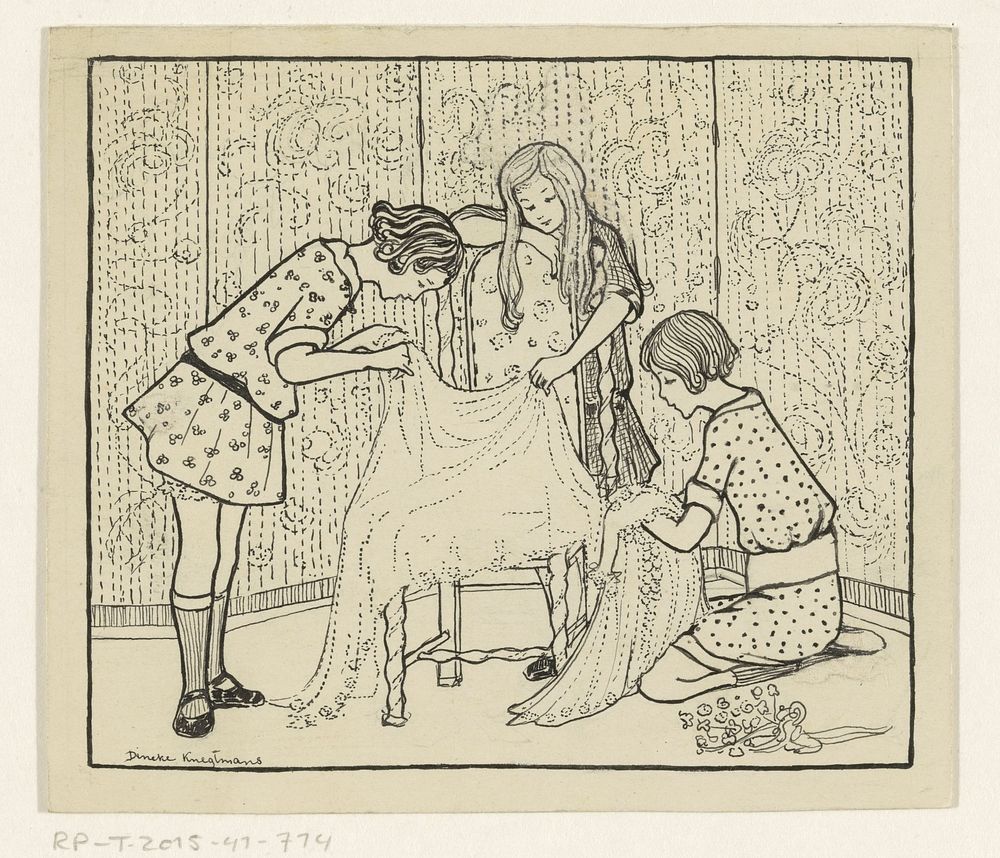 Drie meisjes bekijken een sluier (c. 1919 - c. 1930) by Dineke Knegtmans