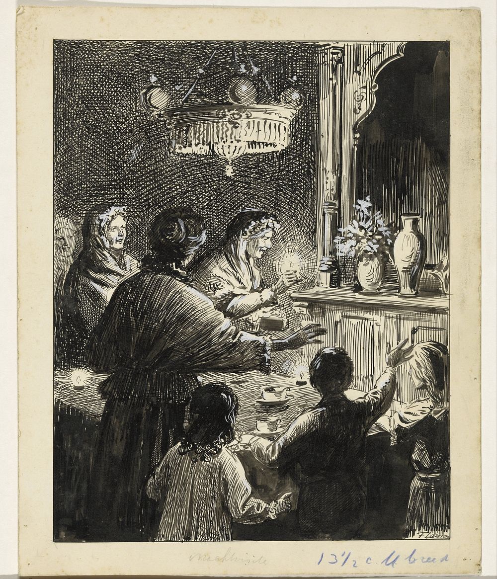 Gezelschap rond een tafel bij nacht (c. 1890 - 1936) by Frans Lazarom