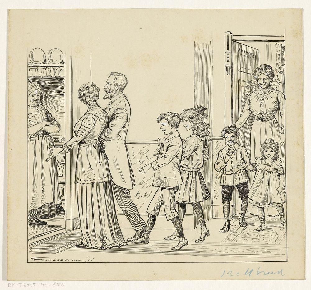 Man, vrouw en kinderen lopend door een gang (1916) by Frans Lazarom