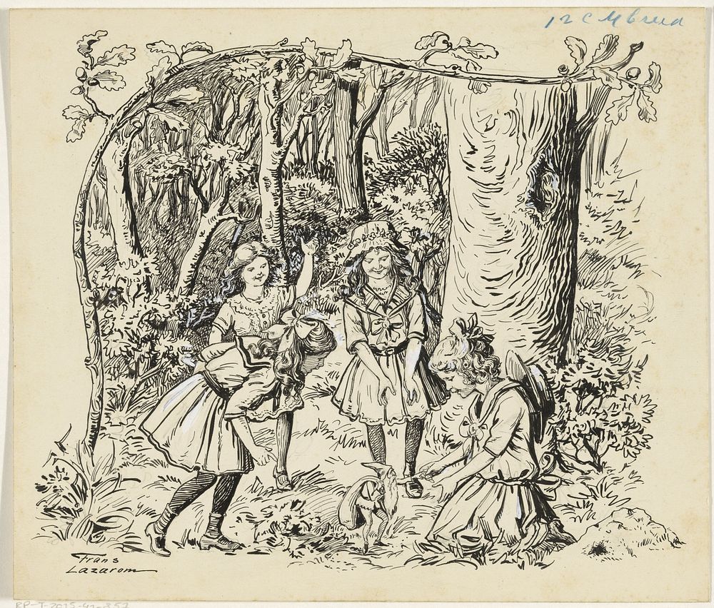 Vier meisjes en een kabouter in een bos (c. 1890 - 1936) by Frans Lazarom