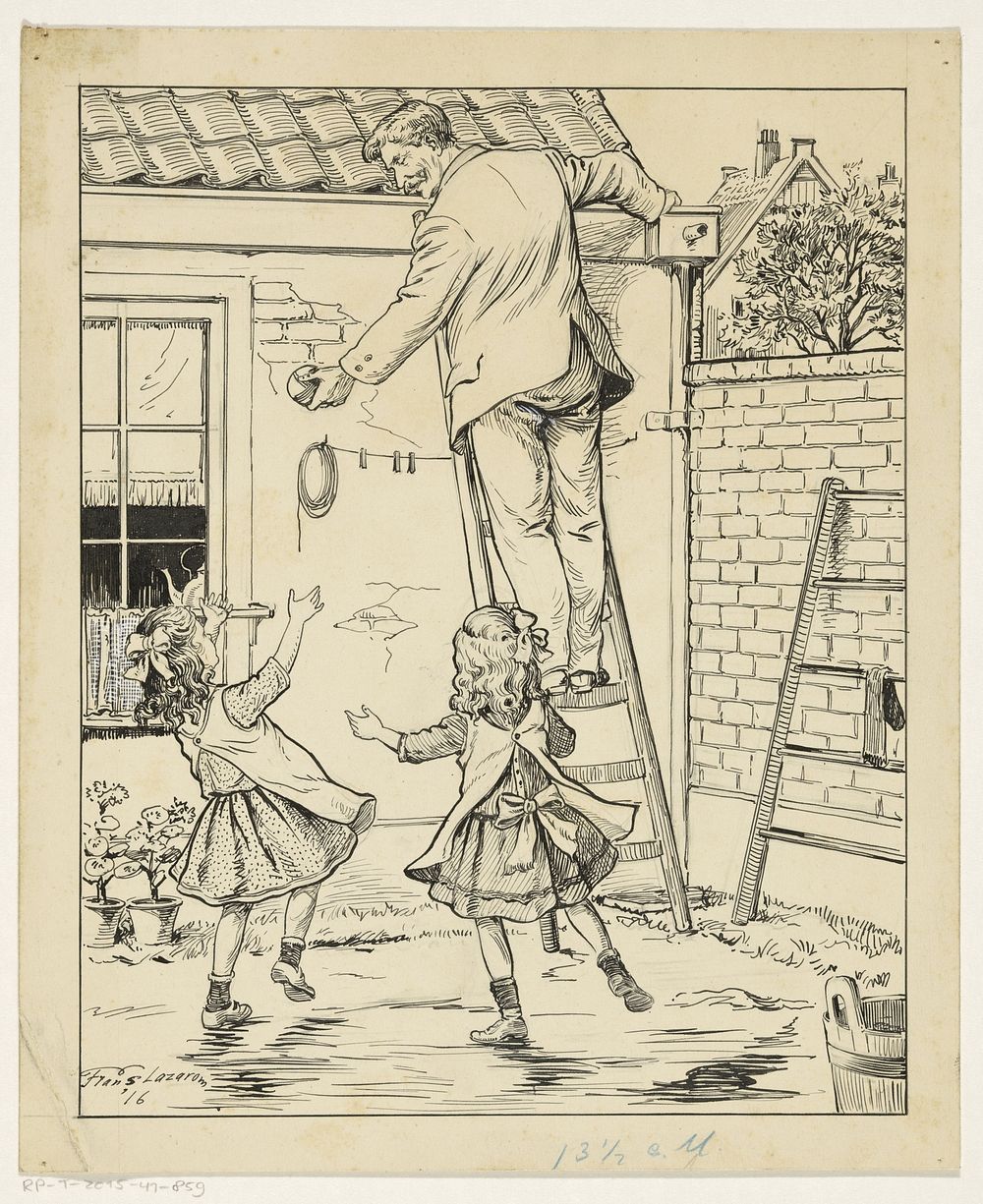 Man haalt een bal van een dak (1916) by Frans Lazarom