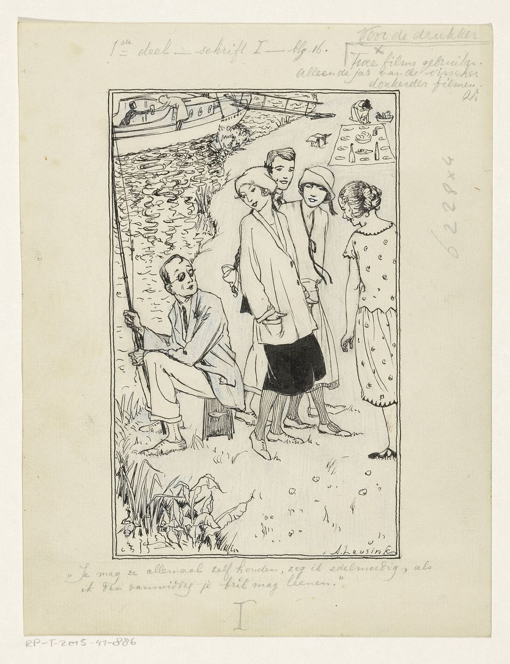 Drie meisjes en een jongen spreken met een visser (in or before 1925) by Anny Leusink