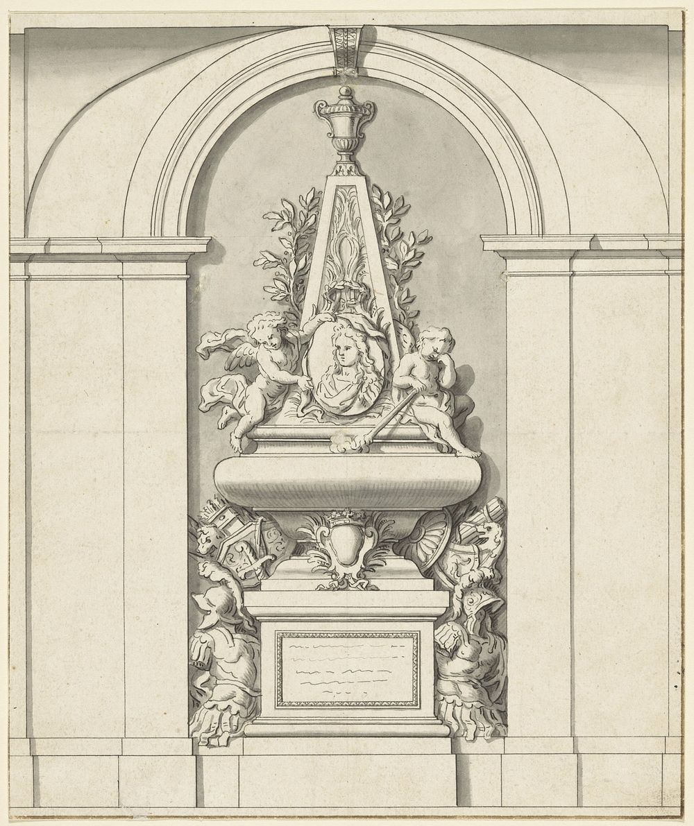 Grafmonument met putti, medaillon en wapens (1650 - 1800) by anonymous