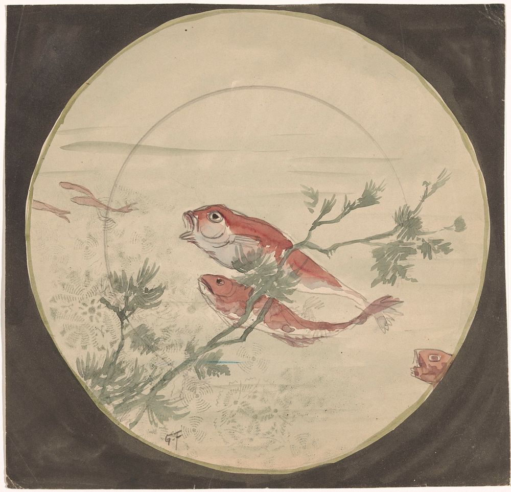 Ontwerp voor een bord met rode, omhoogzwemmende vissen (c. 1875 - c. 1890) by Gustave Fraipont