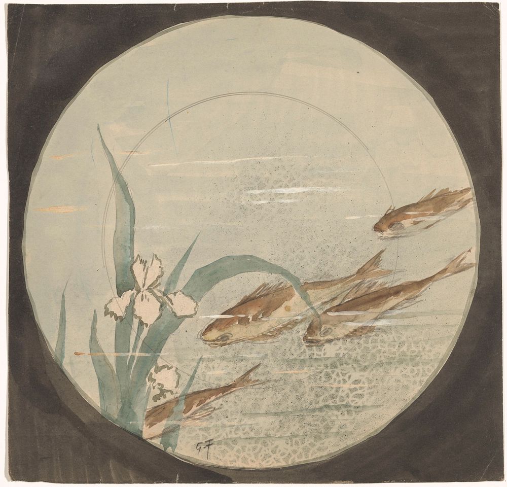 Ontwerp voor een bord met vier bruine, omlaagzwemmende vissen bij een witte iris (c. 1875 - c. 1890) by Gustave Fraipont