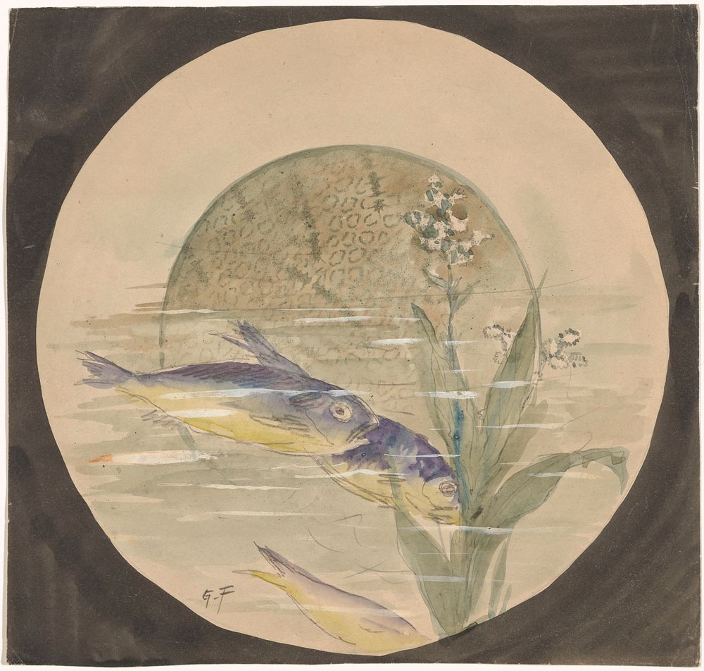 Ontwerp voor een bord met drie blauw-gele, omlaagzwemmende vissen bij een waterplant (c. 1875 - c. 1890) by Gustave Fraipont