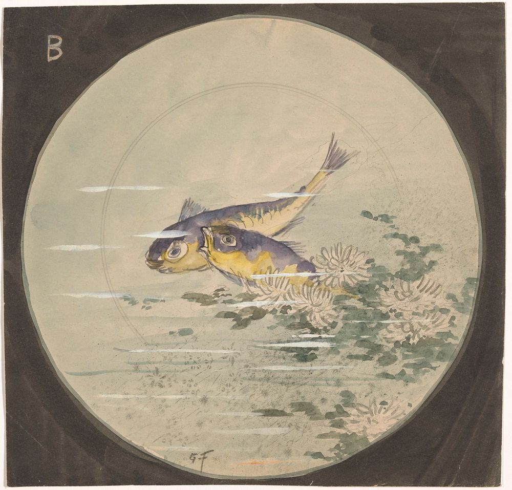 Ontwerp voor een bord met twee blauw-gele vissen bij waterlelies (c. 1875 - c. 1890) by Gustave Fraipont