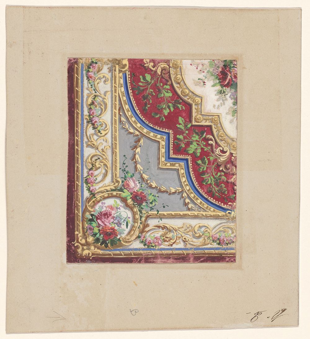 Ontwerp voor de hoek van een tapijt met een licht middenveld met rozen (c. 1850 - c. 1880) by anonymous