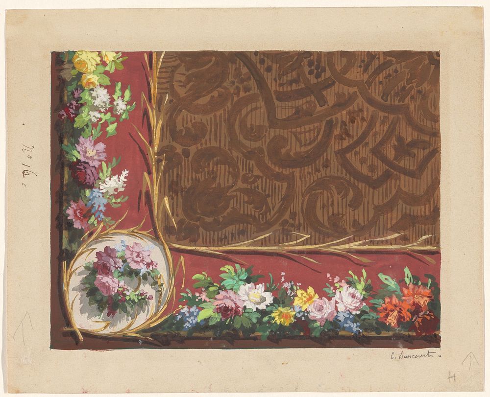 Ontwerp voor de hoek van een tapijt met een rechthoekig bruin middenveld (c. 1850 - c. 1880) by C Sancourt