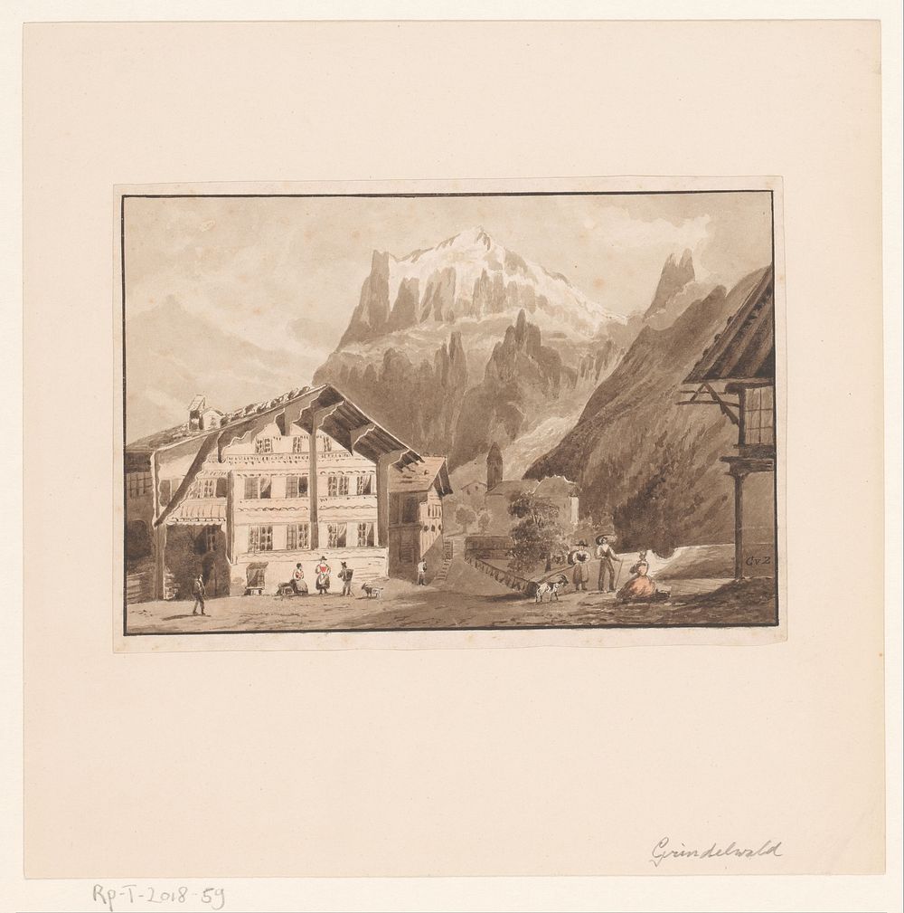 Gezicht op het dorp Grindelwald met in de verte een gletsjer (1800 - 1899) by monogrammist GVZ