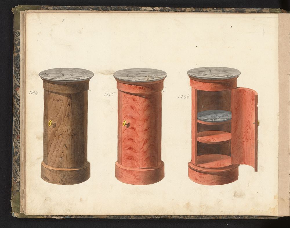 Drie ontwerpen voor nachtkastjes (c. 1825 - c. 1839) by anonymous