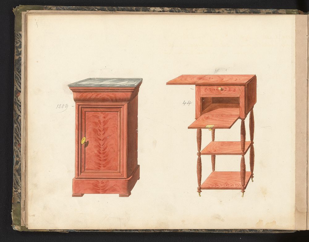Twee ontwerpen voor nachtkastjes (c. 1825 - c. 1839) by anonymous