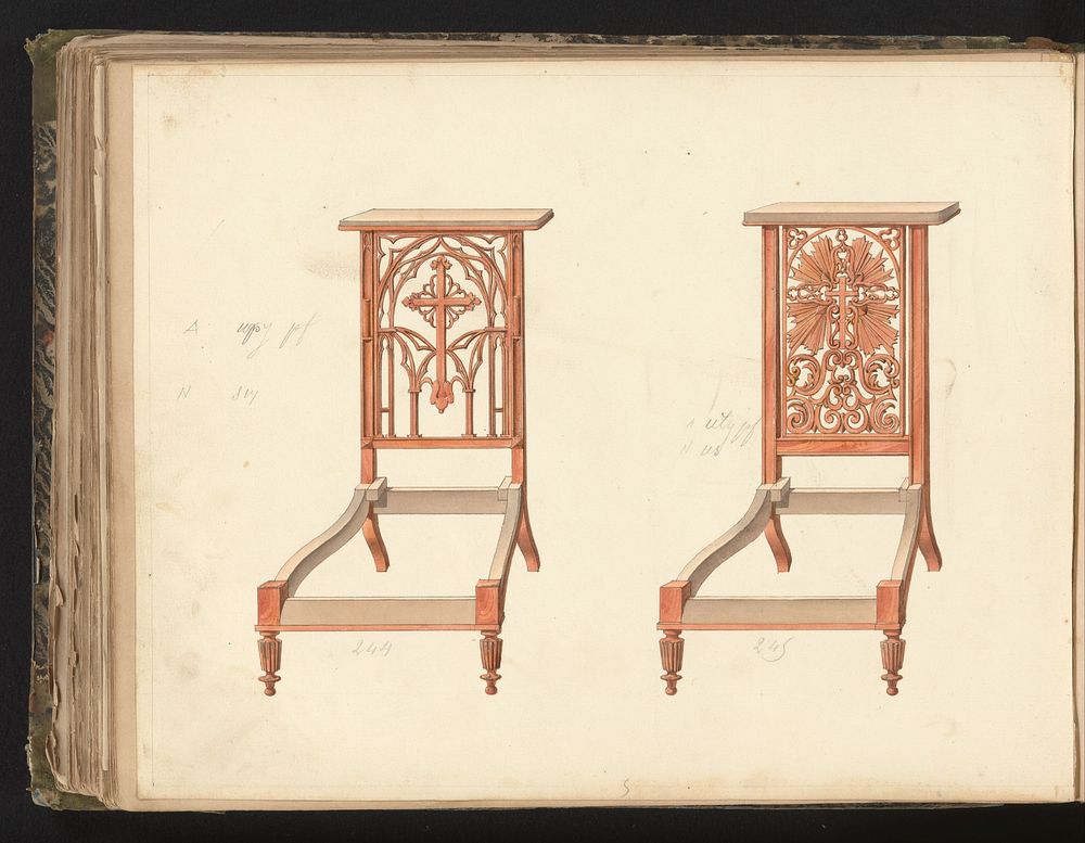 Twee ontwerpen voor prie-dieu’s (c. 1825 - c. 1839) by anonymous