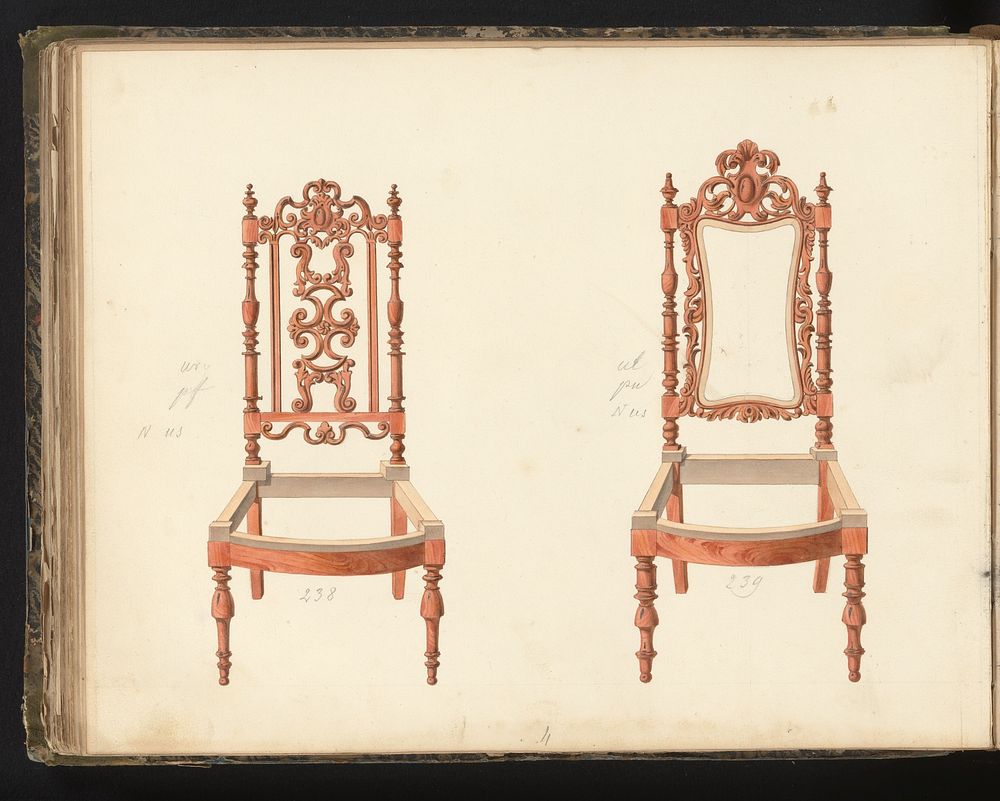 Twee ontwerpen voor stoelen (c. 1825 - c. 1839) by anonymous