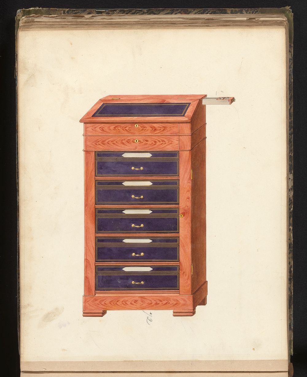 Ontwerp voor een ladekast met vijf lades met lessenaar en uitschuifbaar inktstel (c. 1825 - c. 1839) by anonymous