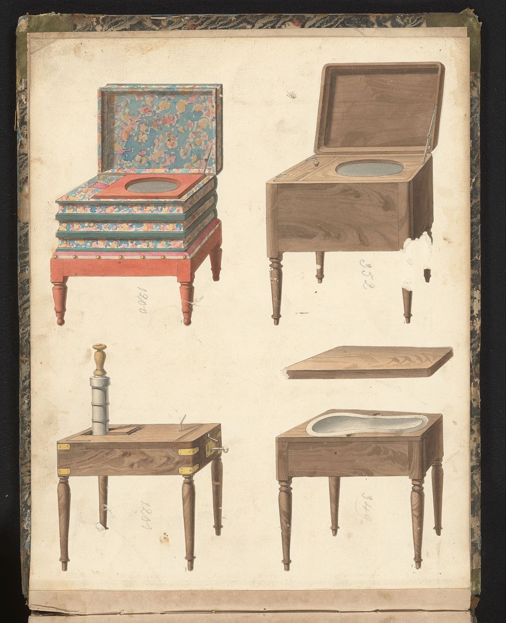 Vier ontwerpen voor houten wc-meubelen (c. 1825 - c. 1839) by anonymous