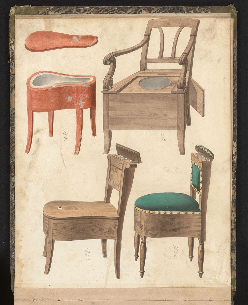 Vier ontwerpen voor wc-meubelen (c. 1825 - c. 1839) by anonymous