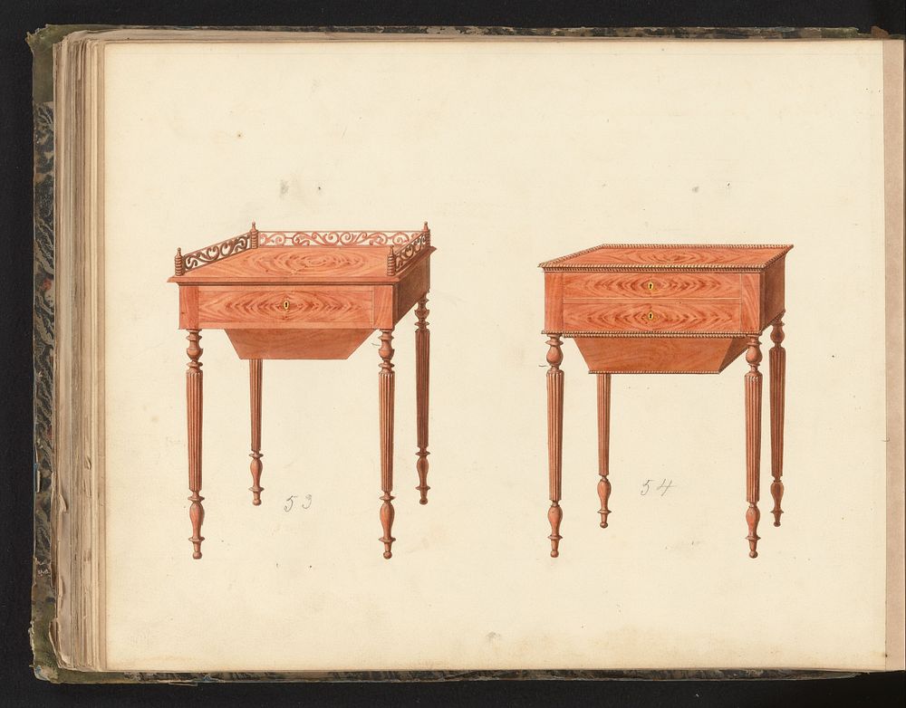 Twee ontwerpen voor toilettafels met lades (c. 1825 - c. 1839) by anonymous