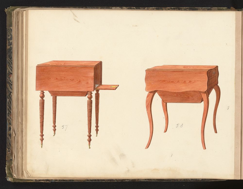 Twee ontwerpen voor nachtkastjes (c. 1825 - c. 1839) by anonymous