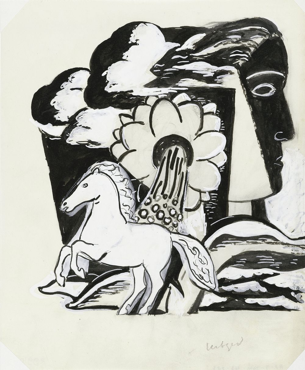 Steigerend paard, bloem en kop (schets) (c. 1930 - in or before 1941) by Leo Gestel