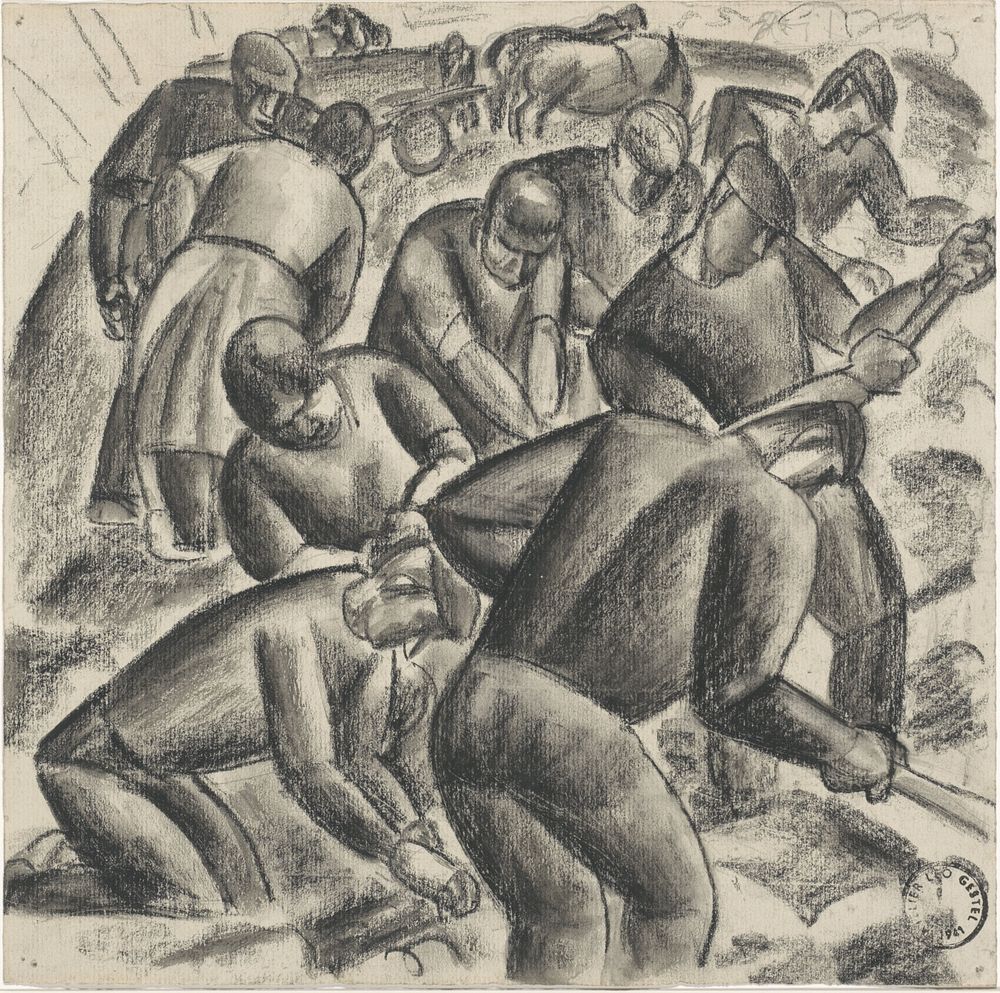 Aardappelrooiers aan het werk op het land (1927) by Leo Gestel