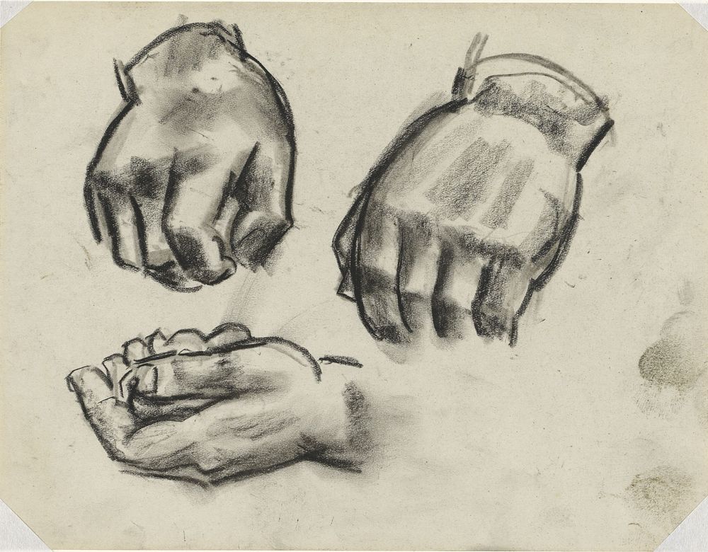 Blad met drie studies van handen (1925 - 1927) by Leo Gestel