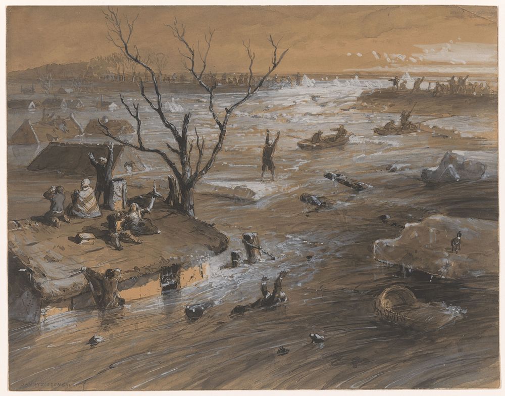 Dijkbreuk te Brakel, 4 januari 1861 (1861) by Johan Hendrik Weissenbruch