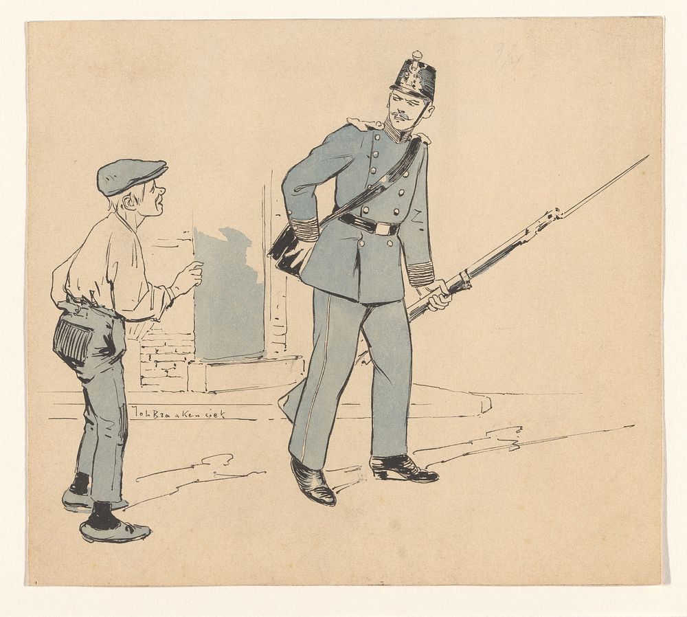 Straatjongen met soldaat (1870 - 1940) by Johan Braakensiek