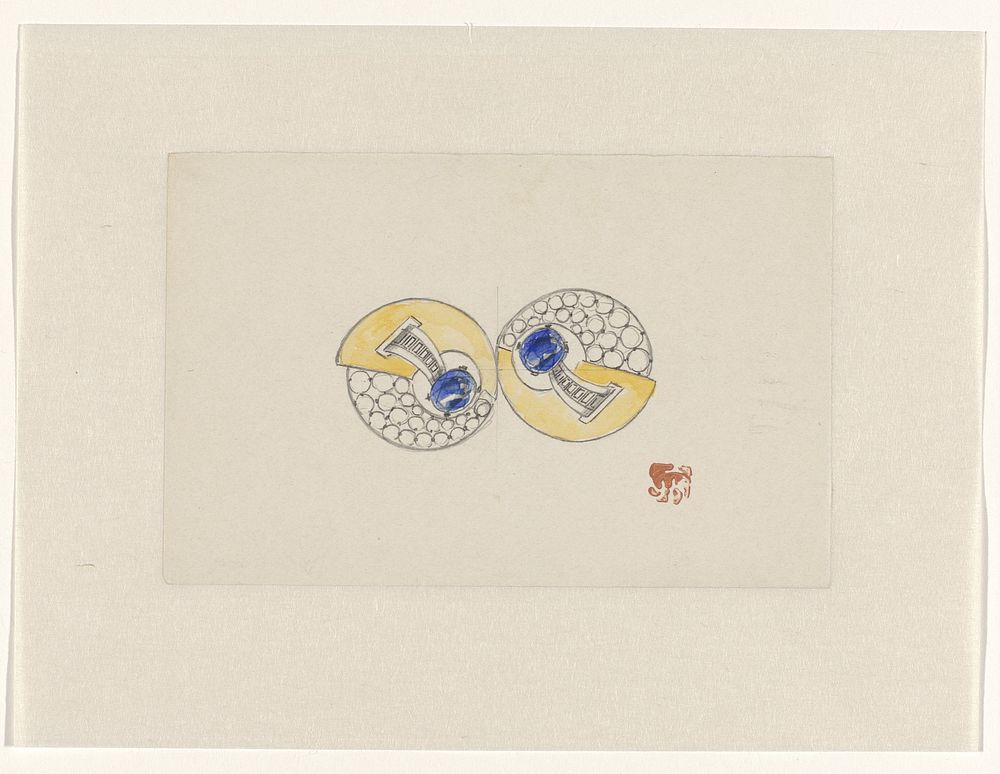 Ontwerp voor juweel, opgebouwd uit twee ronde helften, met goud, saffieren en briljanten (c. 1920 - c. 1930) by Jules Chadel